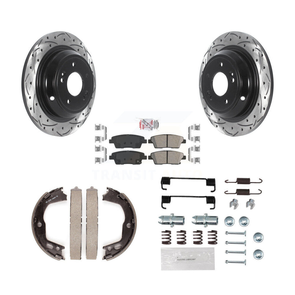 Rear Disc Drilled & Slotted Rotors Ceramic Pads Parking Brake Shoes And Hardware Kit For KDA-103825