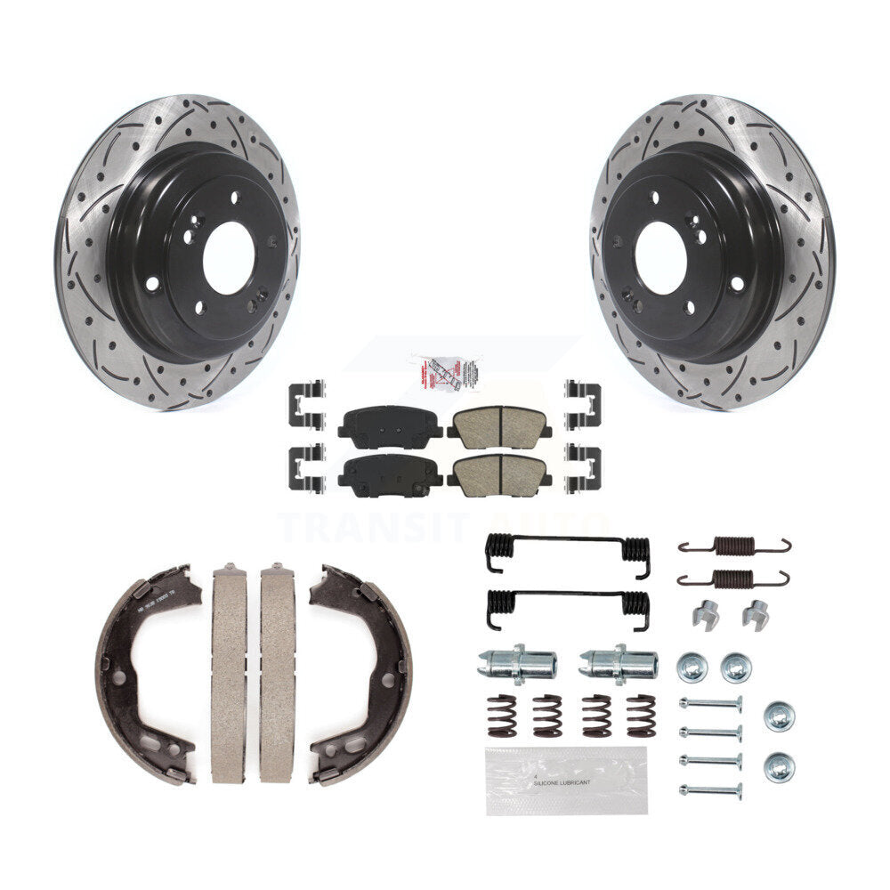 Rear Disc Drilled & Slotted Rotors Ceramic Pads Parking Brake Shoes And Hardware Kit For KDA-103826