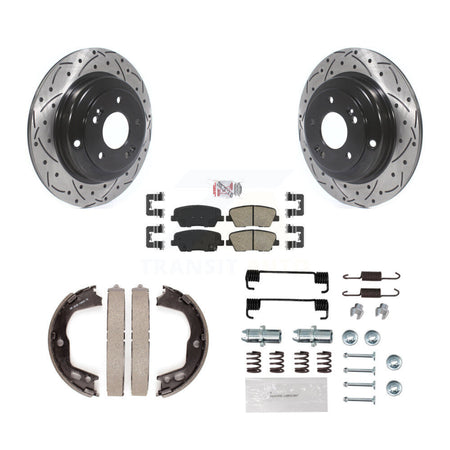 Rear Disc Drilled & Slotted Rotors Ceramic Pads Parking Brake Shoes And Hardware Kit For KDA-103826