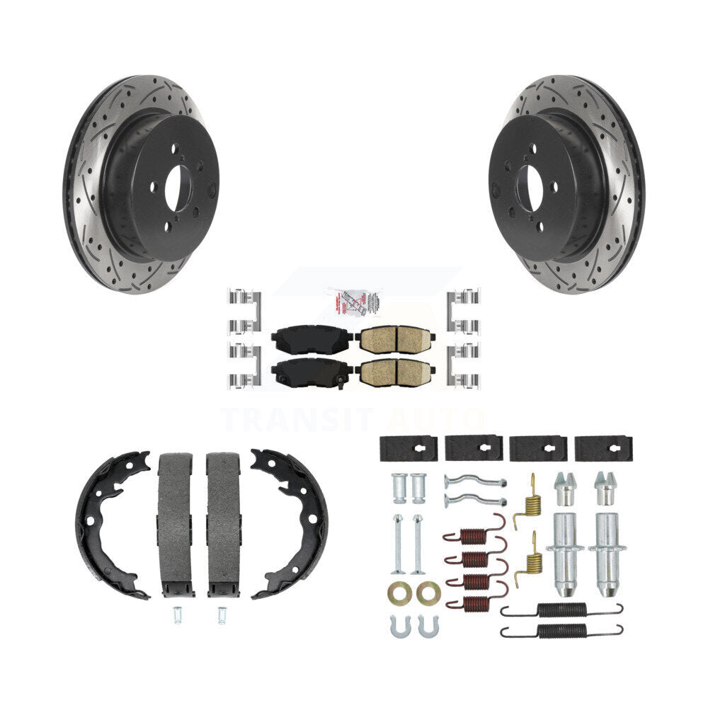 Rear Disc Drilled & Slotted Rotors Ceramic Pads Parking Brake Shoes And Hardware Kit For KDA-103834