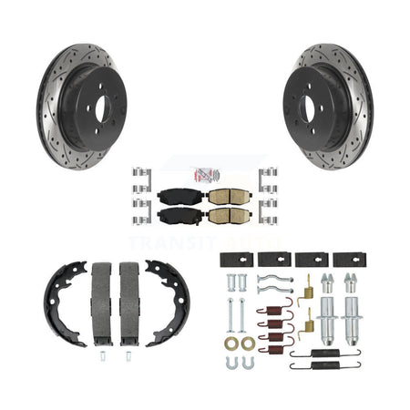 Rear Disc Drilled & Slotted Rotors Ceramic Pads Parking Brake Shoes And Hardware Kit For KDA-103834