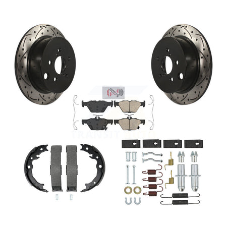 Rear Disc Drilled & Slotted Rotors Ceramic Pads Parking Brake Shoes And Hardware Kit For KDA-103835