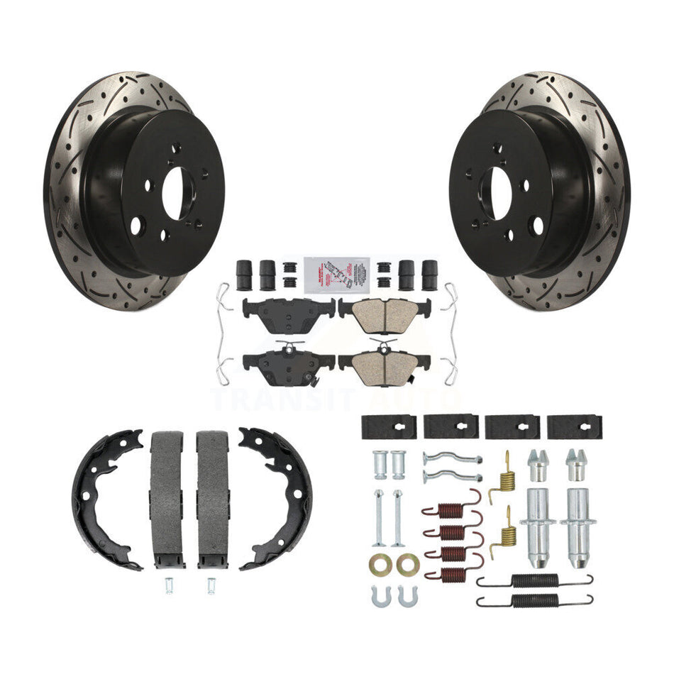 Rear Disc Drilled & Slotted Rotors Ceramic Pads Parking Brake Shoes And Hardware Kit For KDA-103836
