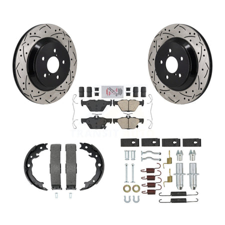 Rear Disc Drilled & Slotted Rotors Ceramic Pads Parking Brake Shoes And Hardware Kit For KDA-103838
