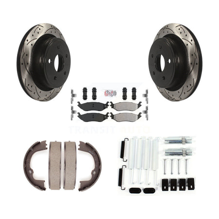Rear Disc Drilled & Slotted Rotors Semi-Metallic Pads Parking Shoes Hardware Kit For Ram KDA-103839