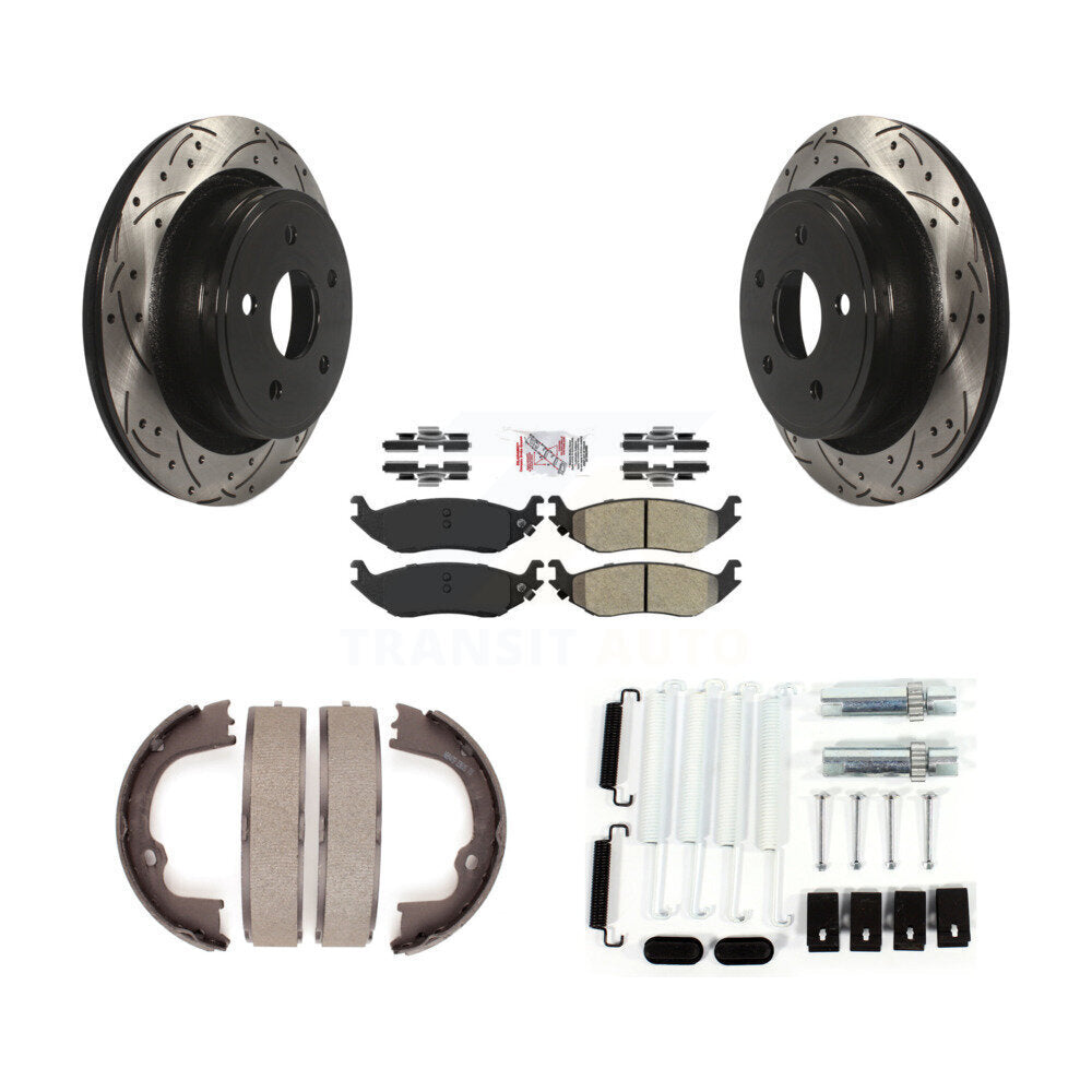 Rear Disc Drilled & Slotted Rotors Semi-Metallic Pads Parking Shoes Hardware Kit For Ram KDA-103840