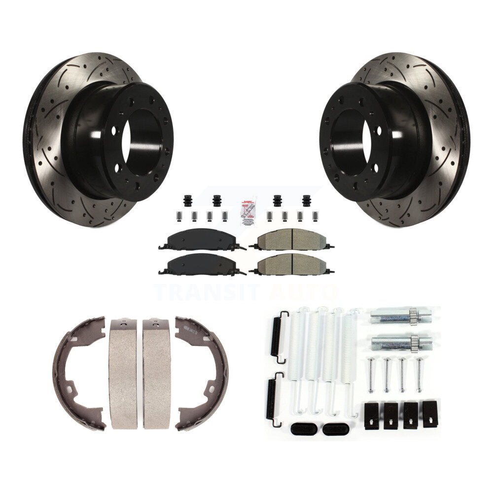 Rear Disc Drilled & Slotted Rotors Semi-Metallic Pads Parking Shoes And Hardware Kit For KDA-103841