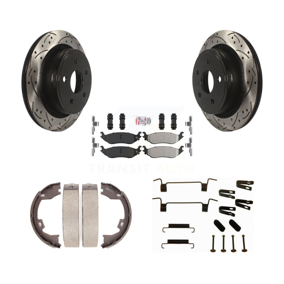 Rear Disc Drilled & Slotted Rotors Semi-Metallic Pads Parking Shoes And Hardware Kit For KDA-103845