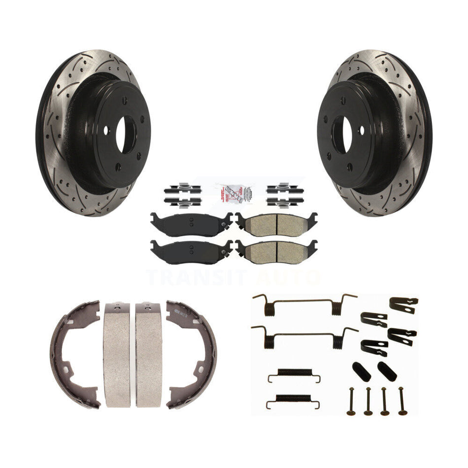 Rear Disc Drilled & Slotted Rotors Semi-Metallic Pads Parking Shoes And Hardware Kit For KDA-103846