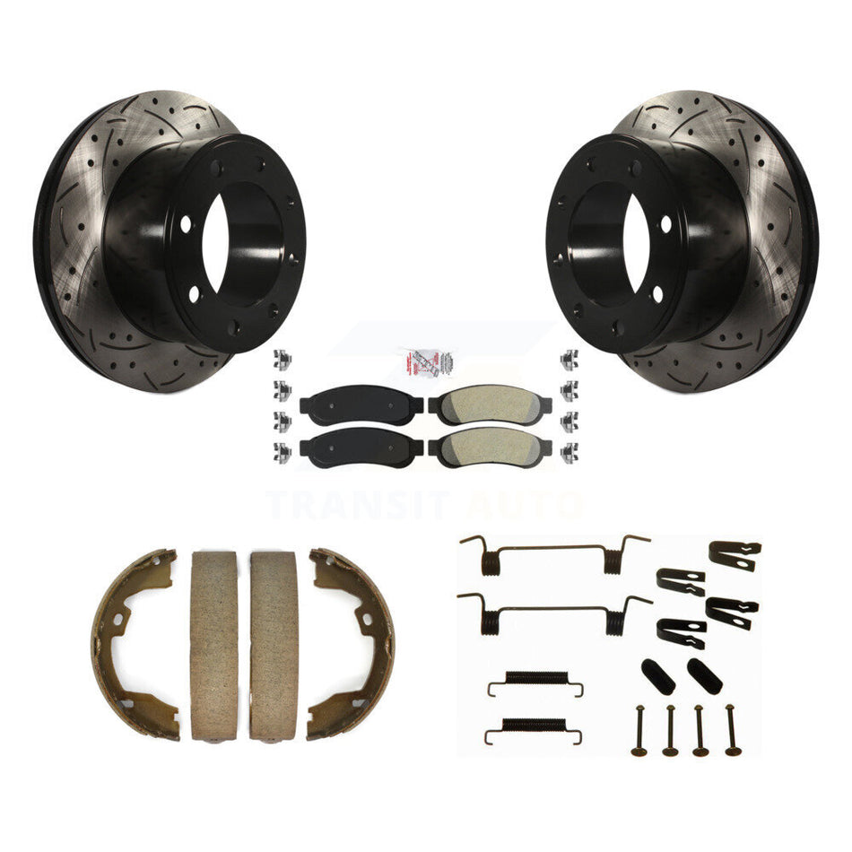 Rear Disc Drilled & Slotted Rotors Semi-Metallic Pads Parking Shoes Hardware Kit For Ford KDA-103849