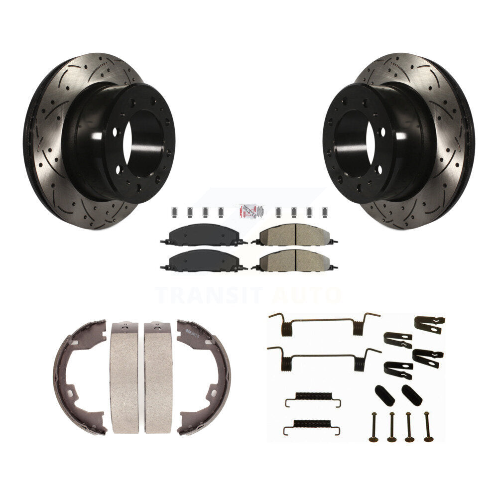 Rear Disc Drilled & Slotted Rotors Semi-Metallic Pads Parking Shoes Hardware Kit For Ram KDA-103852
