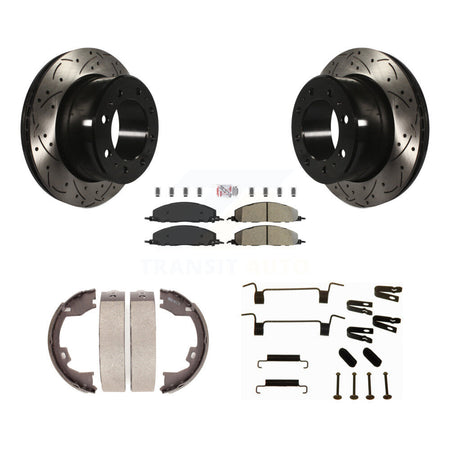 Rear Disc Drilled & Slotted Rotors Semi-Metallic Pads Parking Shoes Hardware Kit For Ram KDA-103852