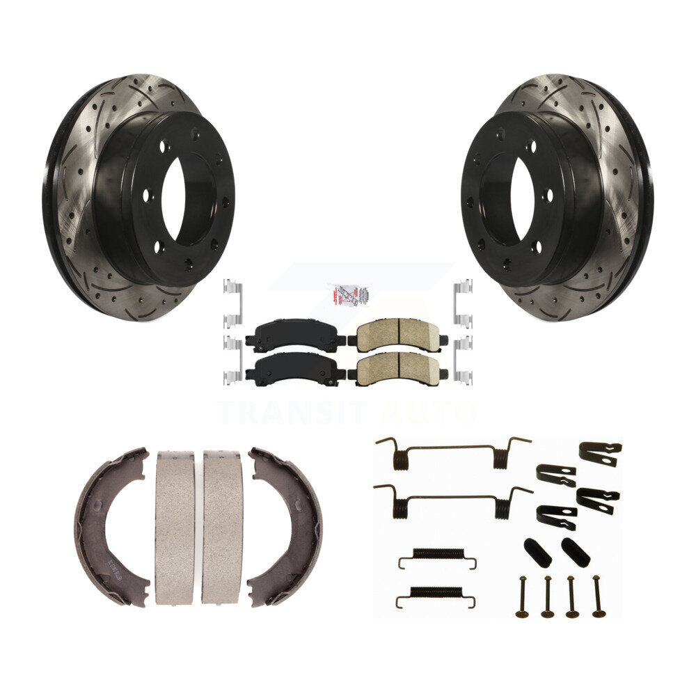 Rear Disc Drilled & Slotted Rotors Ceramic Pads Parking Shoes Hardware Kit For Chevrolet KDA-103857