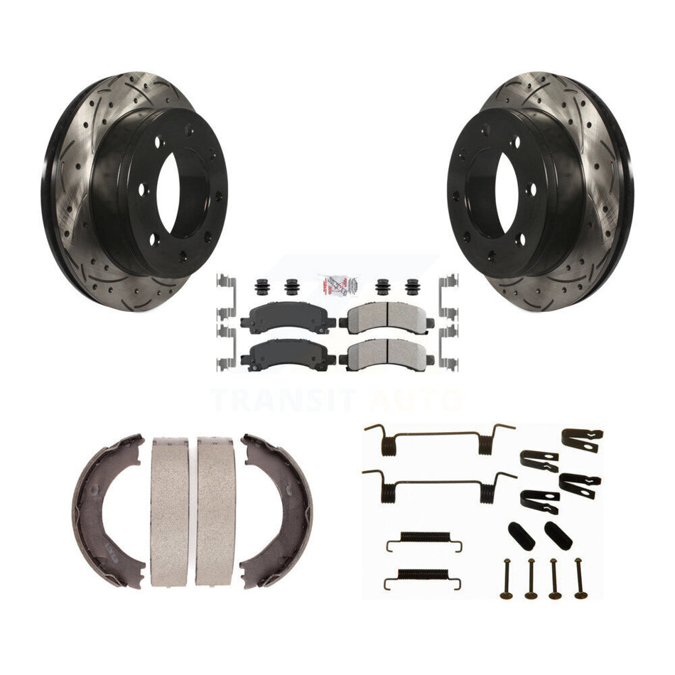 Rear Disc Drilled & Slotted Rotors Semi-Metallic Pads Parking Shoes Hardware Kit For 2500 KDA-103858