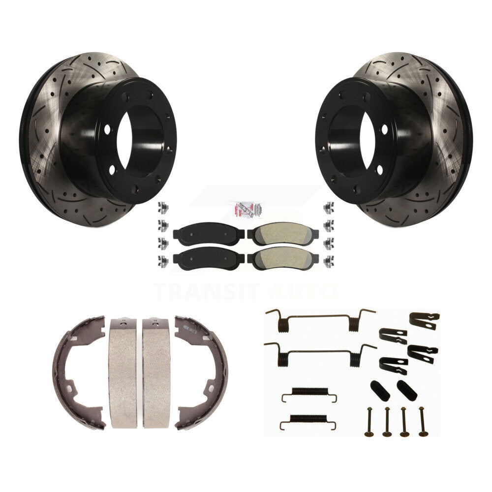 Rear Disc Drilled & Slotted Rotors Semi-Metallic Pads Parking Shoes Hardware Kit For Ford KDA-103863