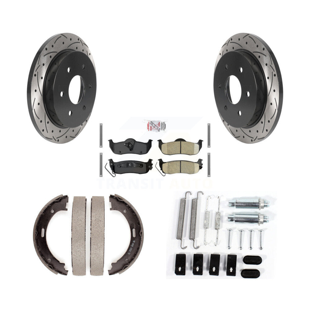 Rear Disc Drilled & Slotted Rotors Ceramic Pads Parking Shoes And Hardware Kit For Nissan KDA-103866