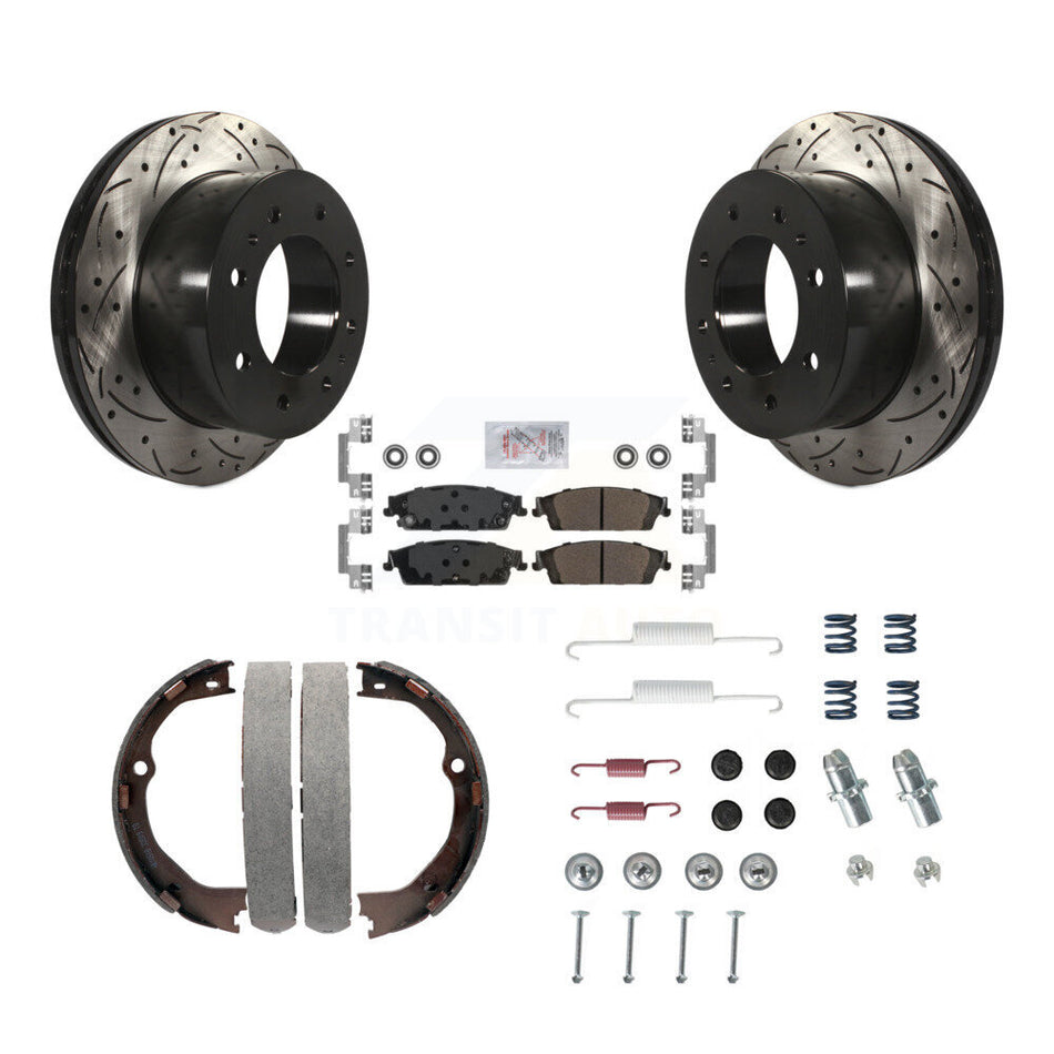 Rear Disc Drilled & Slotted Rotors Semi-Metallic Pads Parking Shoes And Hardware Kit For KDA-103872