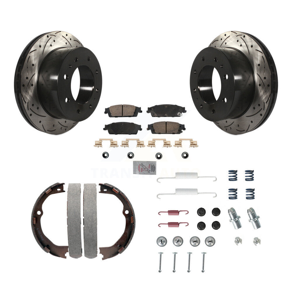 Rear Disc Drilled & Slotted Rotors Ceramic Pads Parking Brake Shoes And Hardware Kit For KDA-103873
