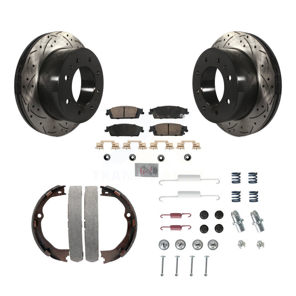 Rear Disc Drilled & Slotted Rotors Ceramic Pads Parking Brake Shoes And Hardware Kit For KDA-103873