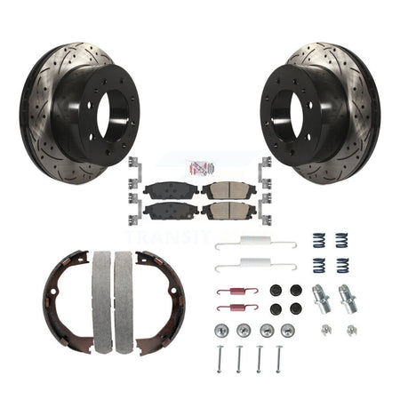 Rear Disc Drilled & Slotted Rotors Ceramic Pads Parking Brake Shoes And Hardware Kit For KDA-103874