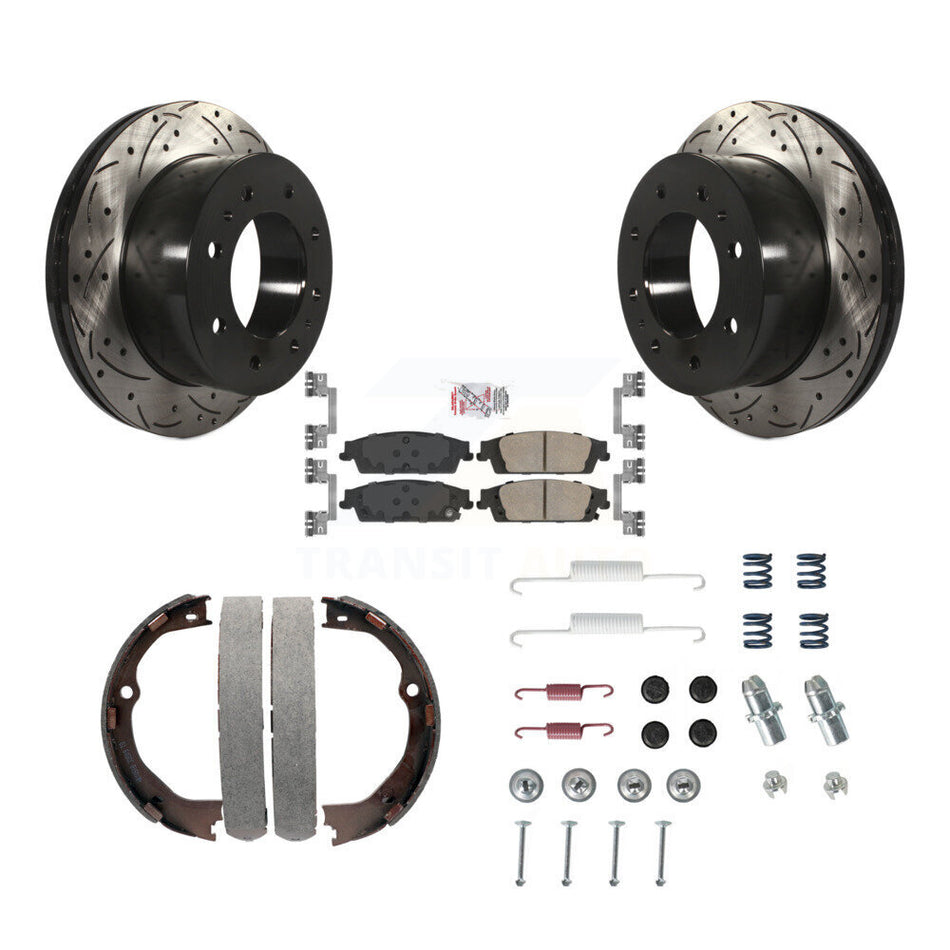 Rear Disc Drilled & Slotted Rotors Ceramic Pads Parking Brake Shoes And Hardware Kit For KDA-103874