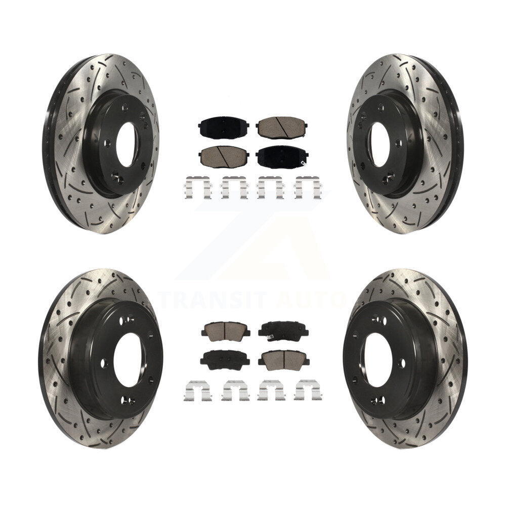 Front Rear Coated Drilled Slotted Disc Brake Rotor Ceramic Pad Kit For 2014-2016 Kia Soul KDC-100386