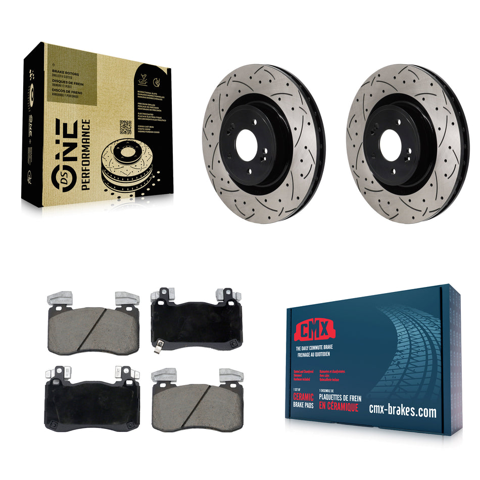 Front Coated Drilled Slotted Disc Brake Rotor Ceramic Pad Kit For Genesis G70 Kia Stinger KDC-101145