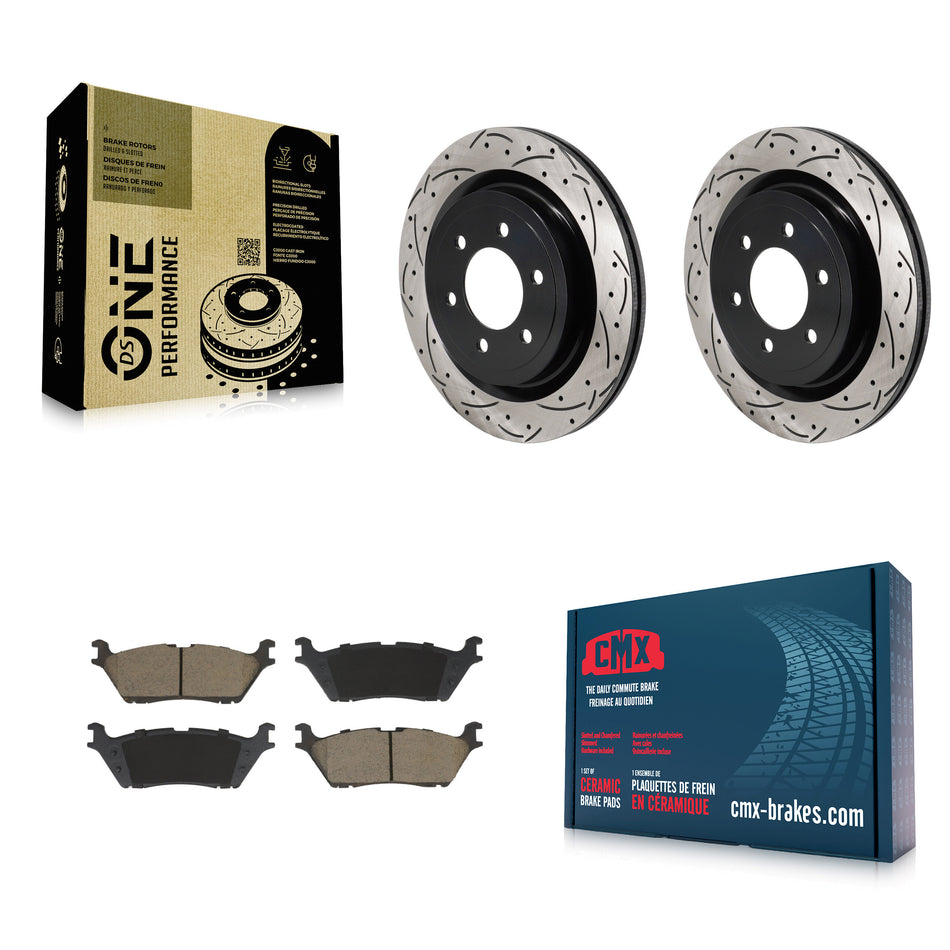 Rear Coated Drilled Slotted Disc Brake Rotor And Ceramic Pad Kit For Ford F-150 Lightning KDC-101260