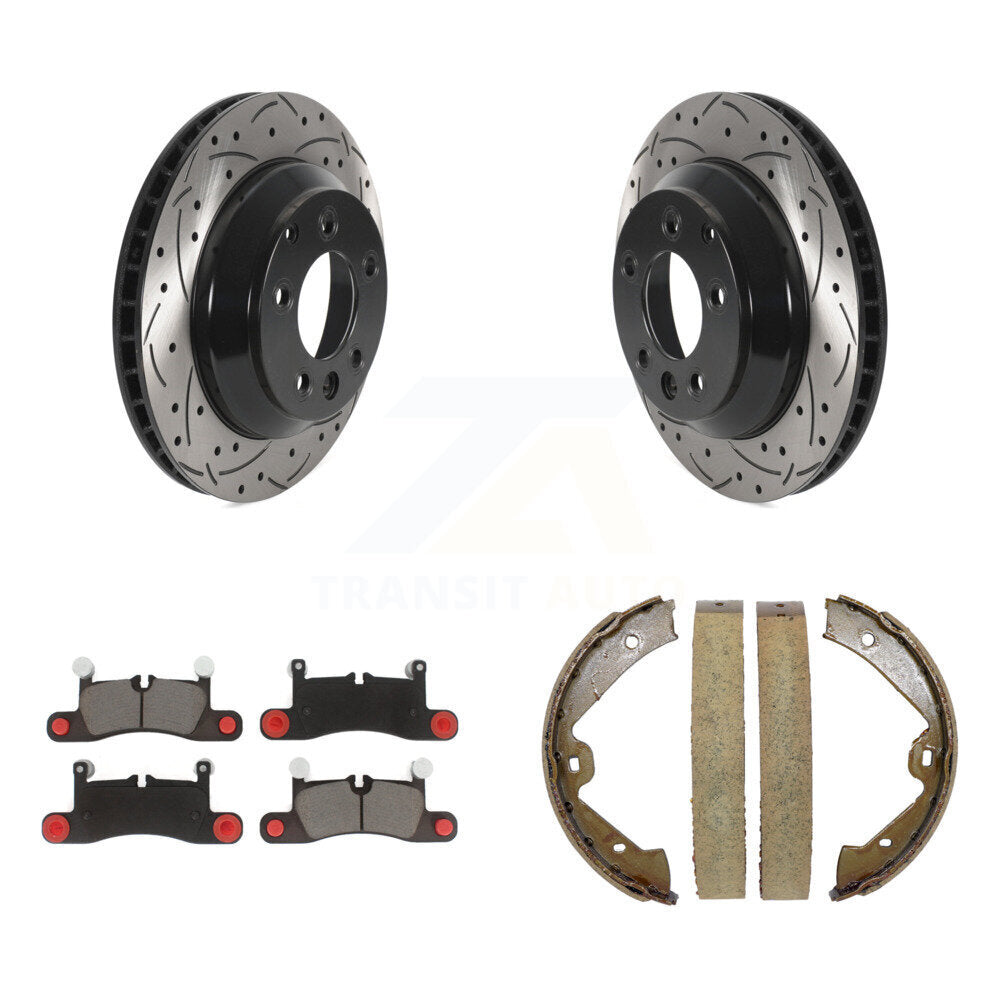 Rear Disc Drilled & Slotted Rotors Ceramic Pads Parking Shoes Kit For Volkswagen Touareg KDC-101298
