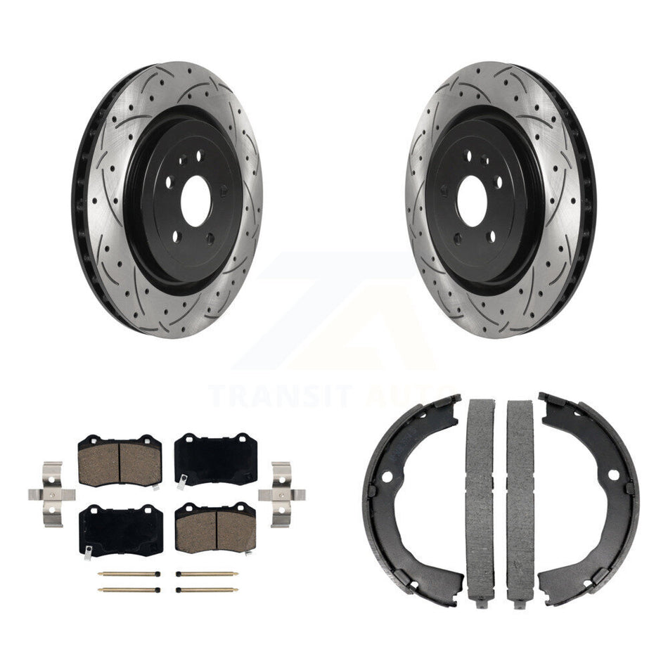 Rear Disc Drilled & Slotted Rotors Ceramic Pads Parking Shoes Kit For Chevrolet Camaro KDC-101301
