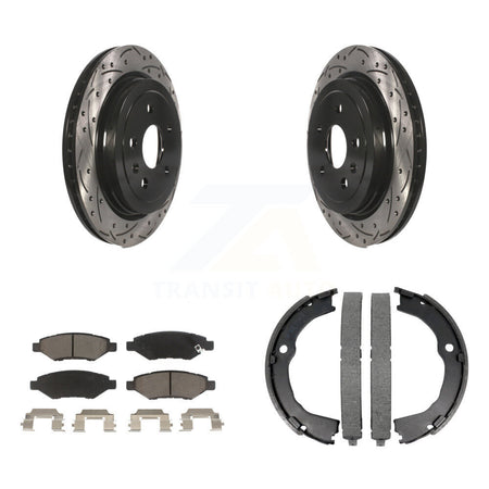 Rear Disc Drilled & Slotted Rotors Ceramic Pads Parking Shoes Kit For Chevrolet Camaro KDC-101302