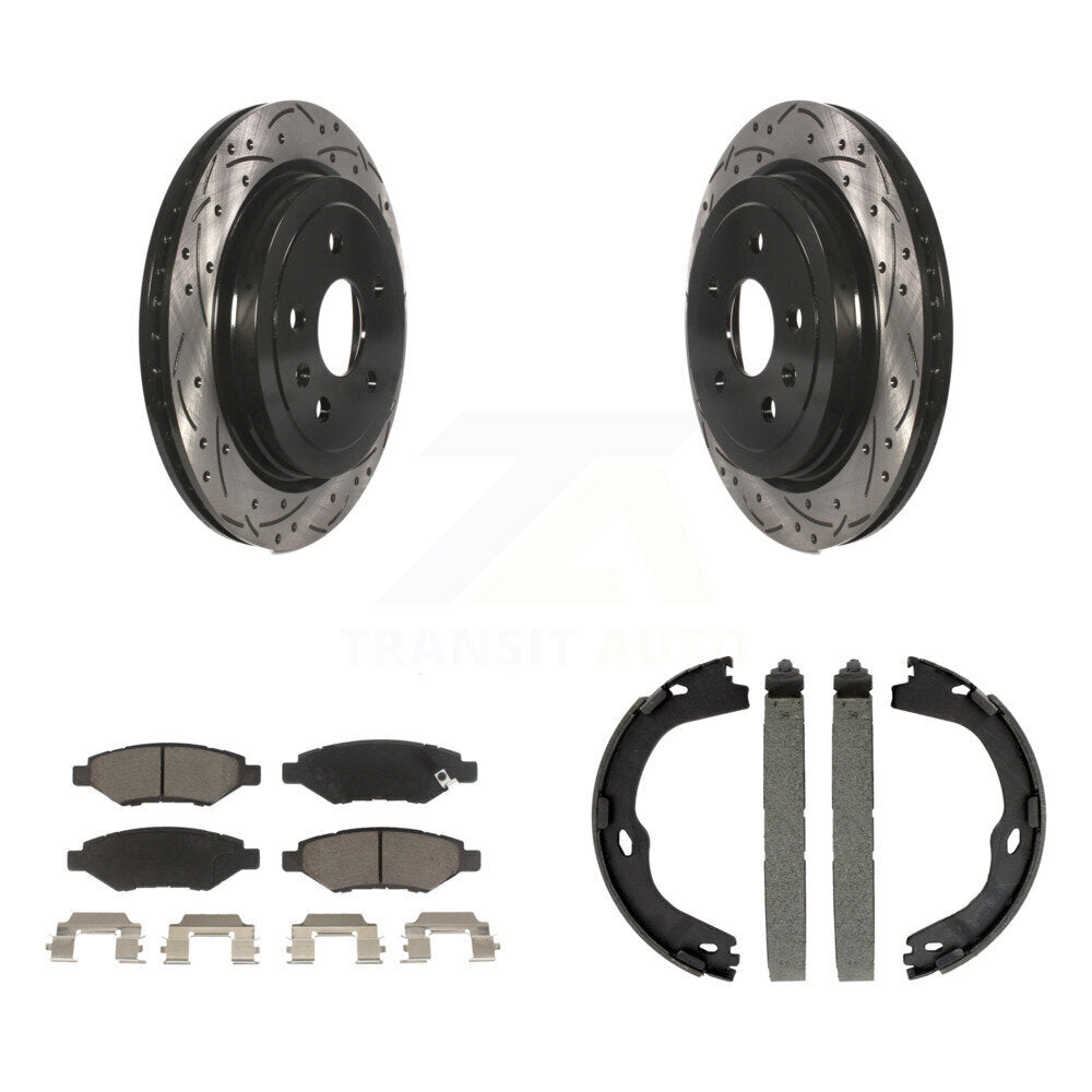 Rear Disc Drilled & Slotted Rotors Ceramic Pads Parking Brake Shoes Kit For Cadillac CTS KDC-101303