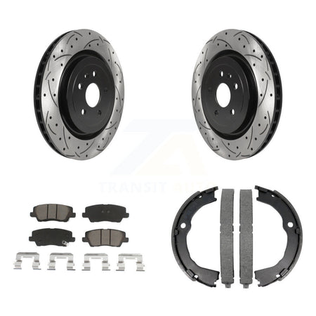 Rear Disc Drilled & Slotted Rotors Ceramic Pads Parking Brake Shoes Kit For Cadillac CTS KDC-101304