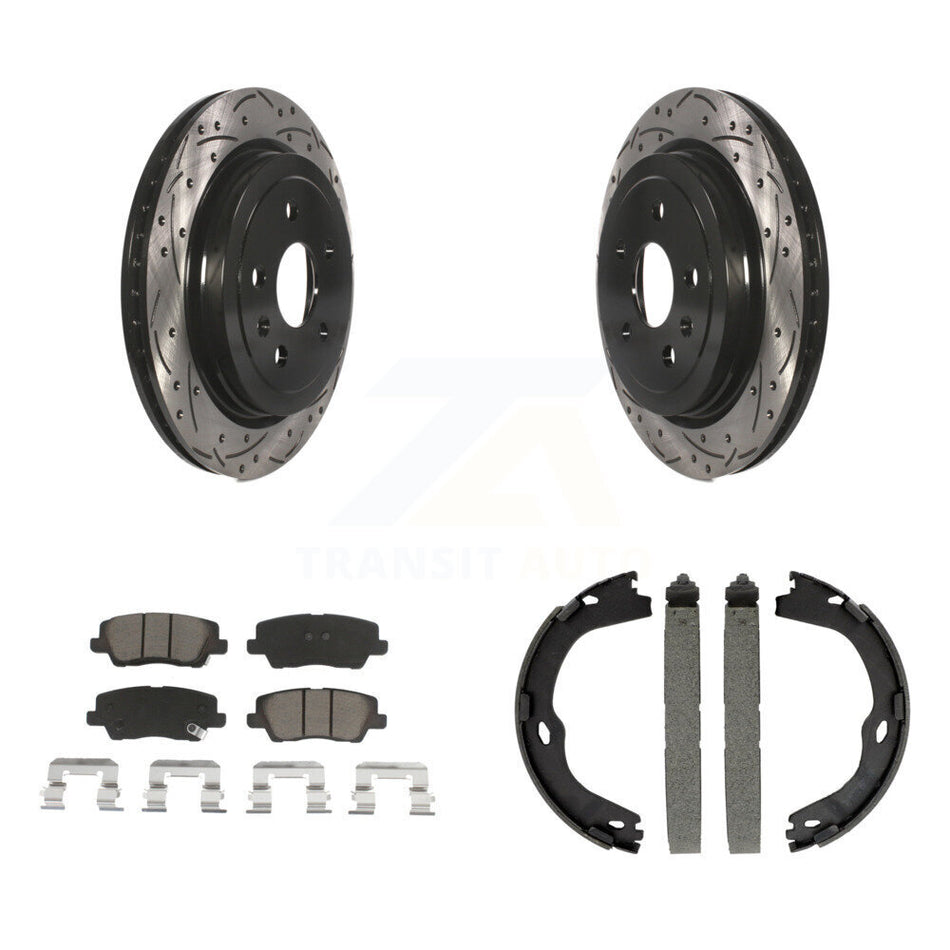 Rear Disc Drilled & Slotted Rotors Ceramic Pads Parking Brake Shoes Kit For Cadillac CTS KDC-101305