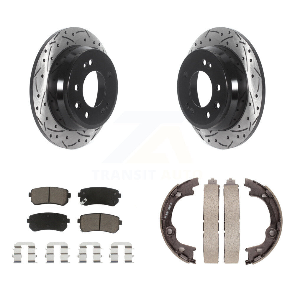 Rear Disc Drilled & Slotted Rotors Ceramic Pads And Parking Shoes Kit For Hyundai Tucson KDC-101309