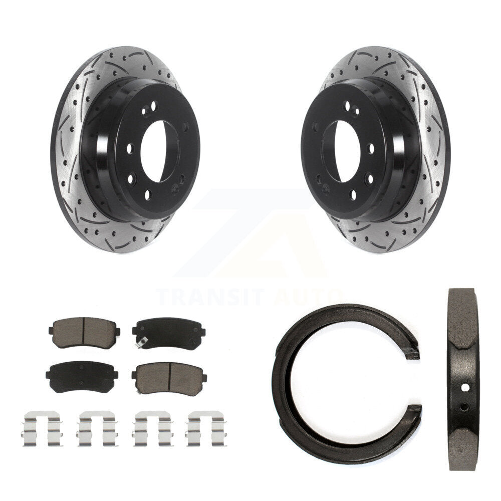 Rear Disc Drilled & Slotted Rotors Ceramic Pads Parking Shoes Kit For Kia Sportage FWD KDC-101310