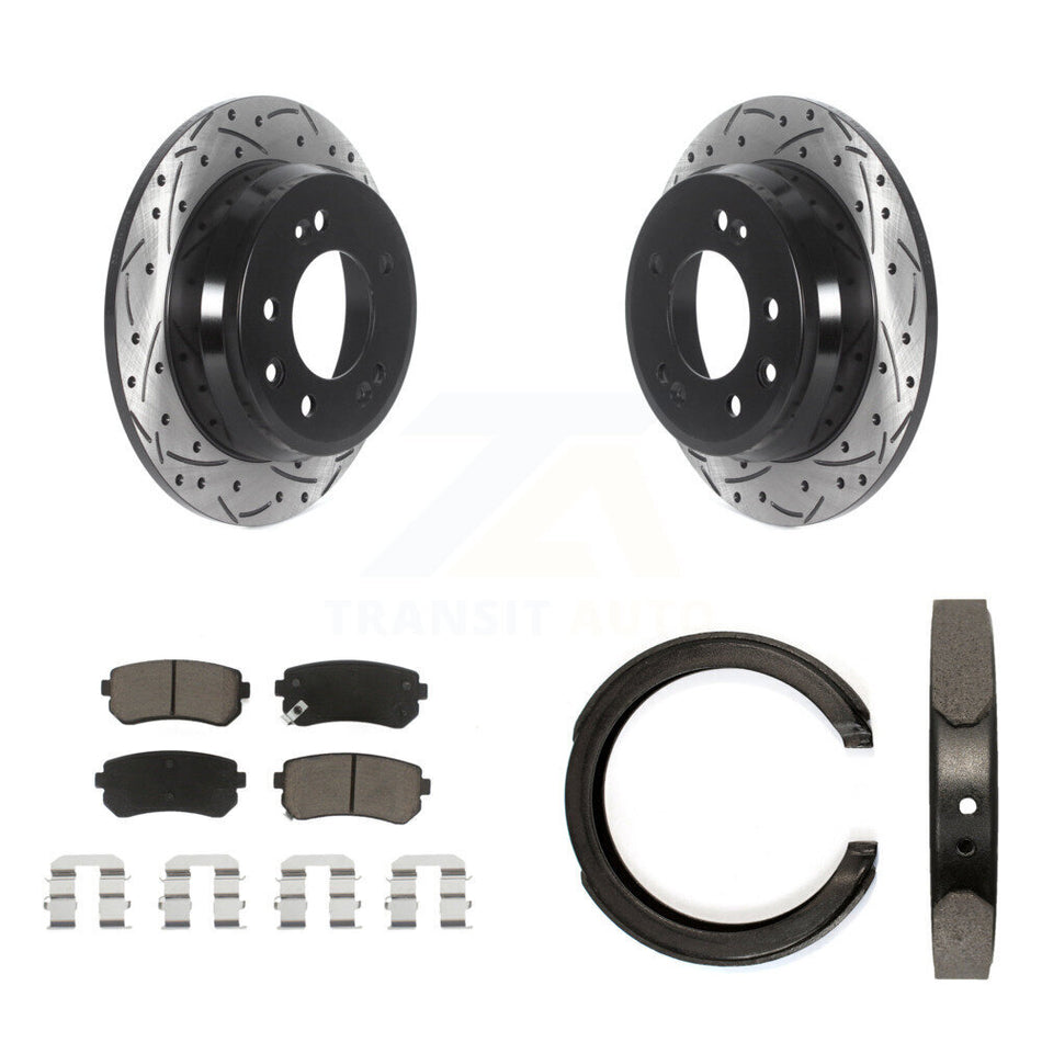 Rear Disc Drilled & Slotted Rotors Ceramic Pads Parking Shoes Kit For Kia Sportage FWD KDC-101310