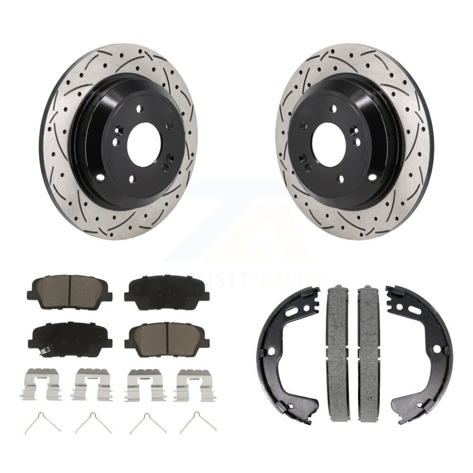 Rear Disc Drilled & Slotted Rotors Ceramic Pads Parking Shoes Kit For Kia Stinger Genesis KDC-101314