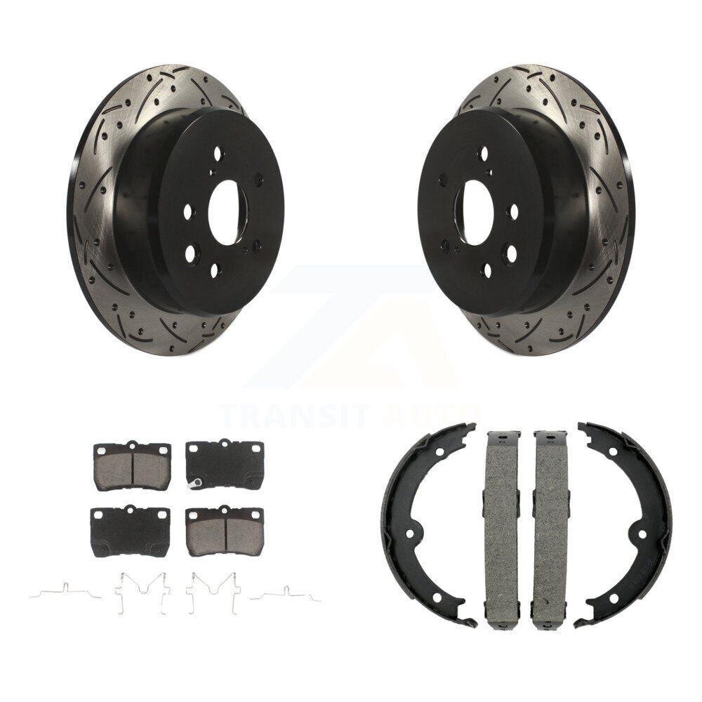 Rear Disc Drilled & Slotted Rotors Ceramic Pads Parking Brake Shoes Kit For Lexus IS250 KDC-101316