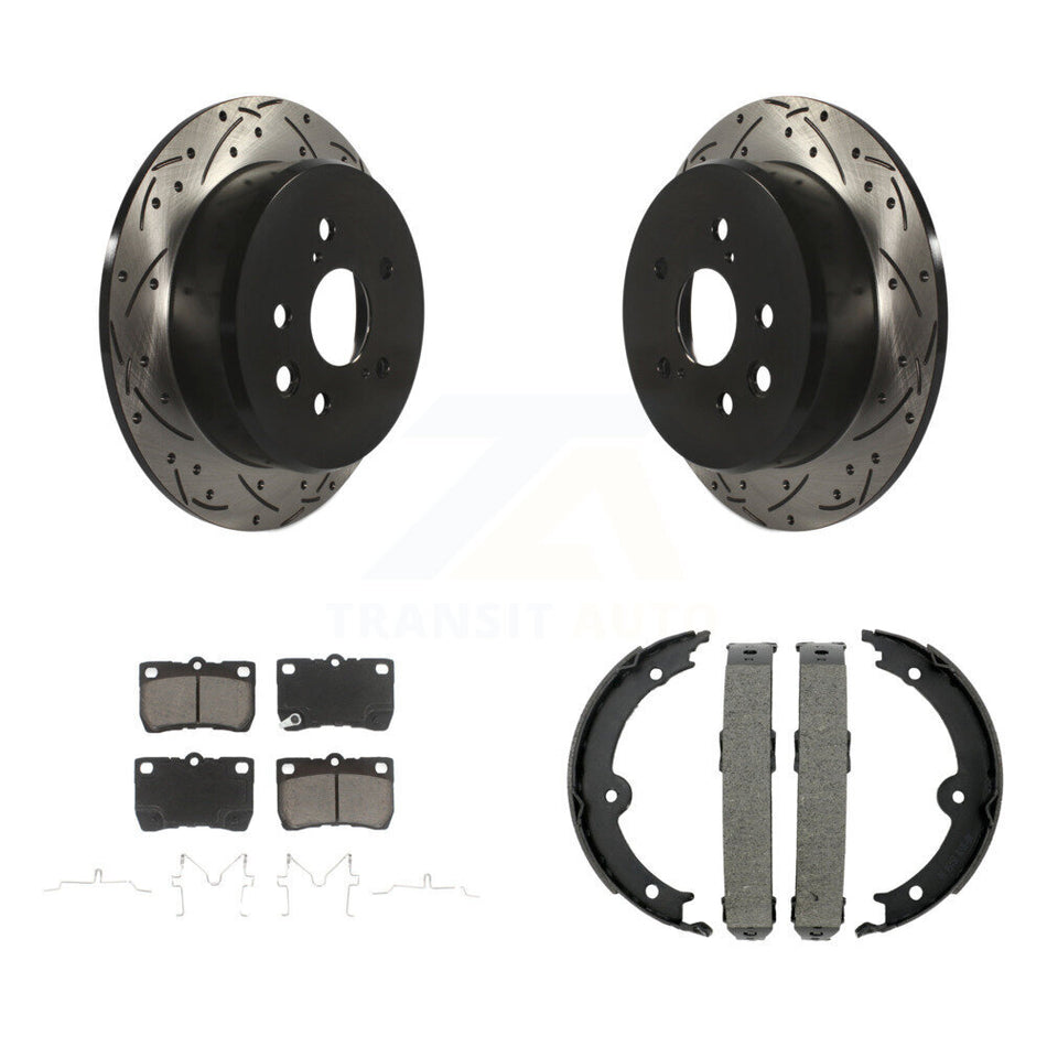 Rear Disc Drilled & Slotted Rotors Ceramic Pads Parking Brake Shoes Kit For Lexus IS250 KDC-101316