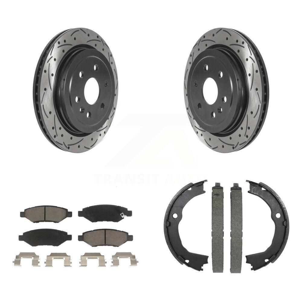 Rear Disc Drilled & Slotted Rotors Ceramic Pads Parking Shoes Kit For 10-16 Cadillac SRX KDC-101318
