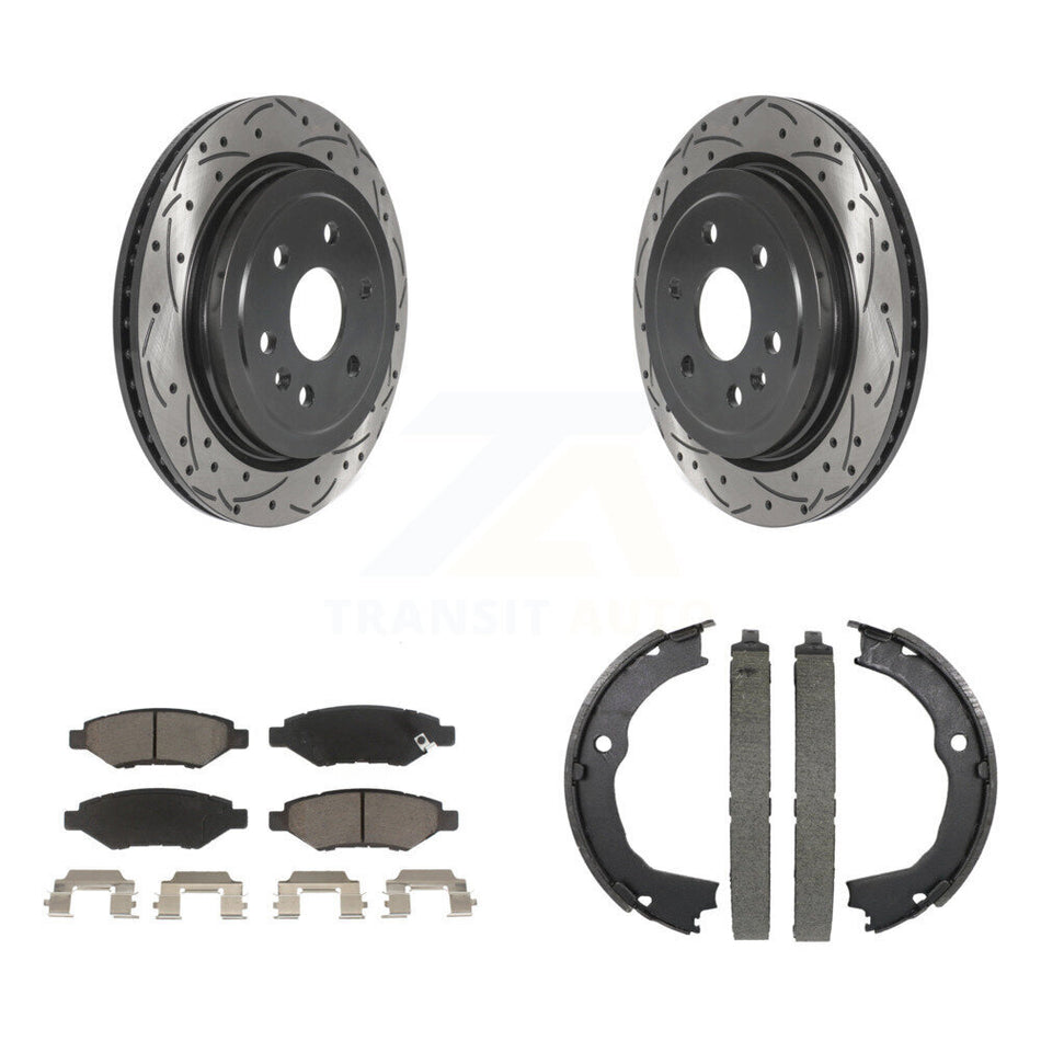 Rear Disc Drilled & Slotted Rotors Ceramic Pads Parking Shoes Kit For 10-16 Cadillac SRX KDC-101318