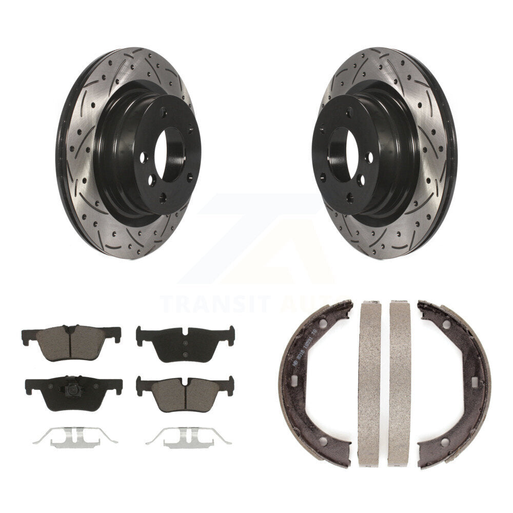 Rear Disc Drilled & Slotted Rotors Ceramic Pads And Parking Brake Shoes Kit For BMW 328i KDC-101333