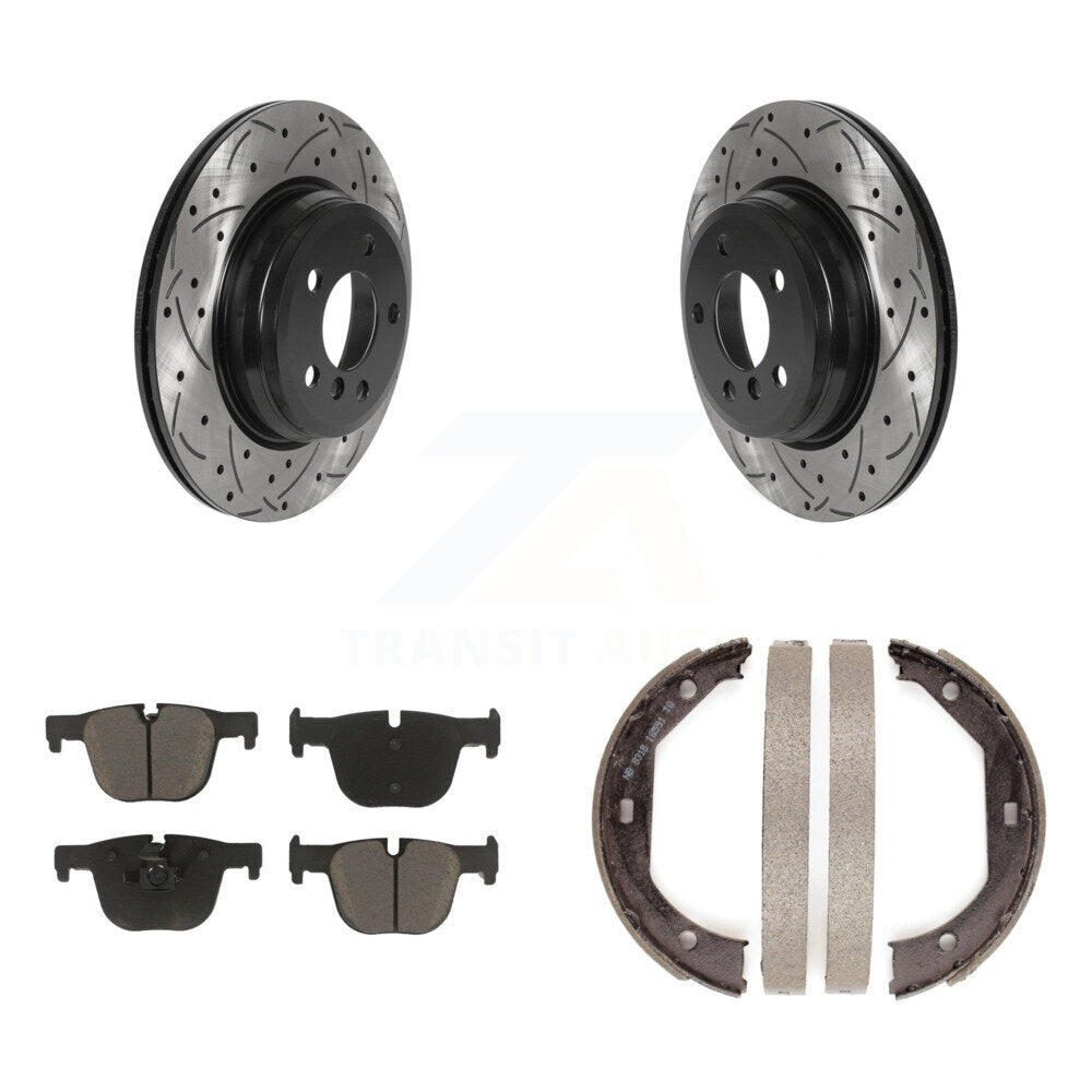 Rear Disc Drilled & Slotted Rotors Ceramic Pads Parking Shoes Kit For BMW 330i xDrive GT KDC-101335