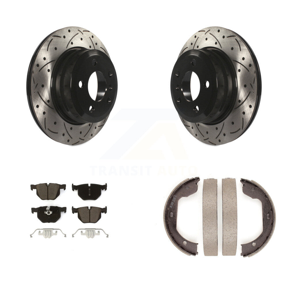 Rear Disc Drilled & Slotted Rotors Ceramic Pads And Parking Brake Shoes Kit For BMW X5 X6 KDC-101345