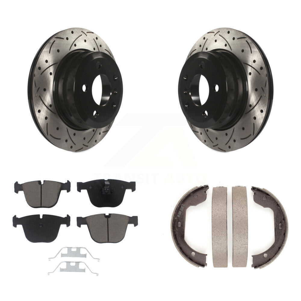 Rear Disc Drilled & Slotted Rotors Ceramic Pads Parking Shoes Kit For 09 BMW X6 xDrive35i KDC-101346