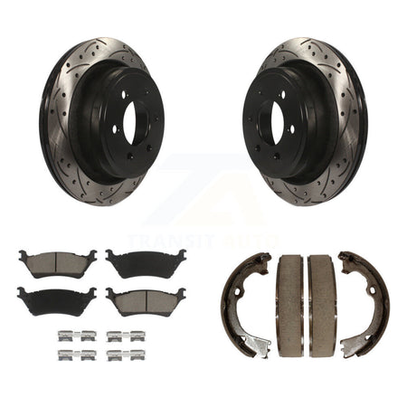 Rear Disc Drilled & Slotted Rotors Ceramic Pads Parking Brake Shoes Kit For Ford F-150 KDC-101349