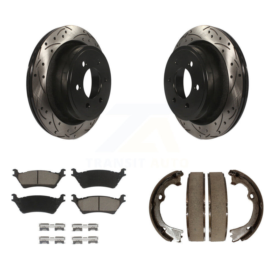 Rear Disc Drilled & Slotted Rotors Ceramic Pads Parking Brake Shoes Kit For Ford F-150 KDC-101349