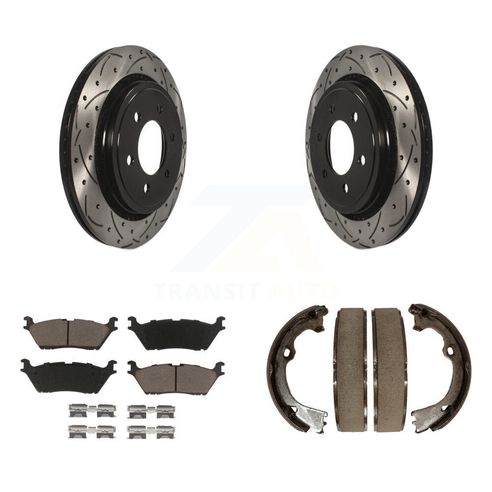 Rear Disc Drilled & Slotted Rotors Ceramic Pads Parking Brake Shoes Kit For Ford F-150 KDC-101350