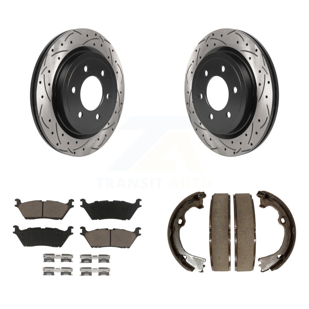 Rear Disc Drilled & Slotted Rotors Ceramic Pads Parking Brake Shoes Kit For Ford F-150 KDC-101351